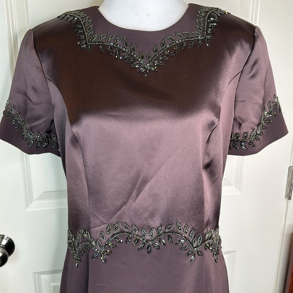Vintage Oleg Cassini Black Tie Brown Satin Beaded Short Sleeve Dress Sz 12 - Picture 6 of 17